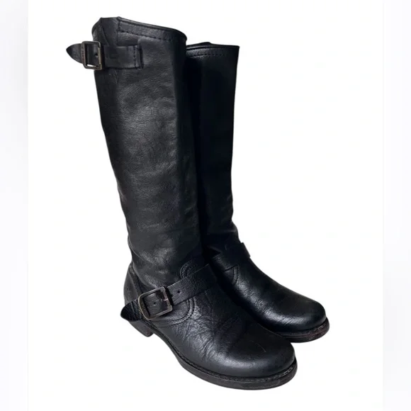 Frye Tall Black Veronica Slouch Black Leather Riding Boots Buckles Size Sz 6.5 - Picture 10 of 16